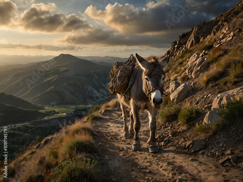 A donkey carries a modest load along a difficult mountain path.