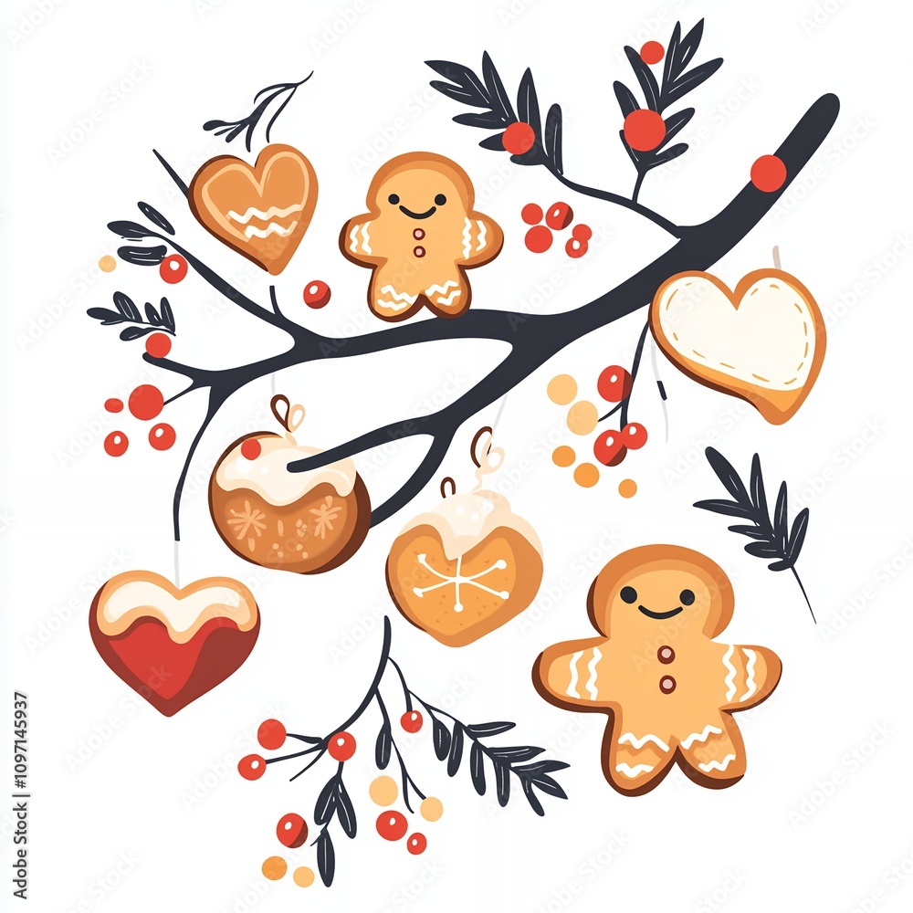Naklejka premium Colorful Gingerbread Cookies Hanging From a Branch Decorated With Berries and Leaves During Winter Festivities