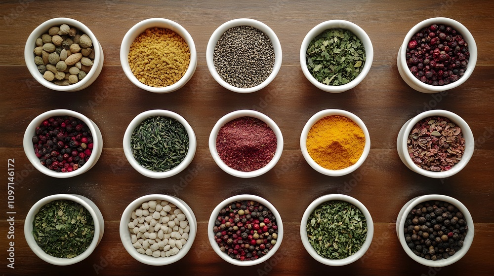 Culinary Canvas: A Rich Array of Spices and Herbs in White Ceramic Bowls on a Wooden Table Culinary Canvas: A Rich Array of Spices and Herbs in White Ceramic Bowls on a Wooden Table