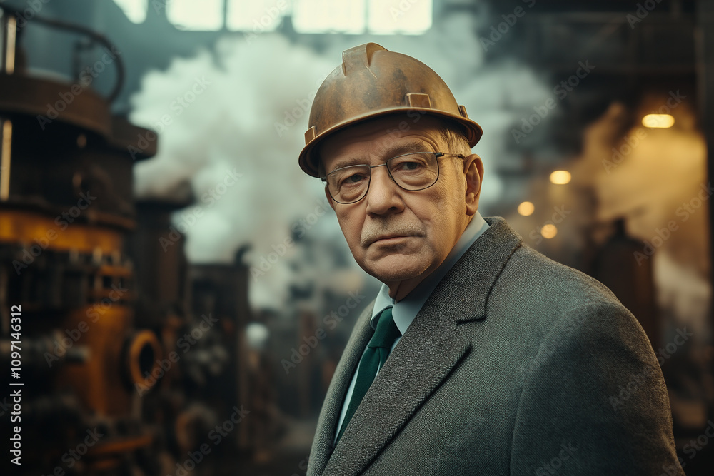 Portrait of an elderly man wearing a hard hat in an industrial workshop. Generative AI Portrait of an elderly man wearing a hard hat in an industrial workshop. Generative AI