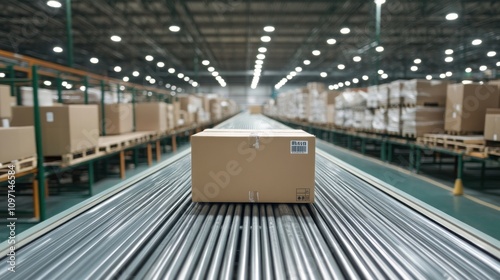 A cardboard box moves along a conveyor belt in a large warehouse.