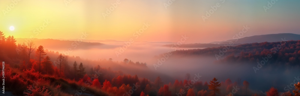Obraz premium Sunrise over misty autumn forest. Red trees. Foggy valley. Colorful fall landscape. Scenic nature. Peaceful autumn scenery. Wallpaper background. Travel banner. Drone view.