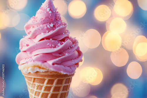 A pink ice cream cone with pink frosting in a waffle cone photo