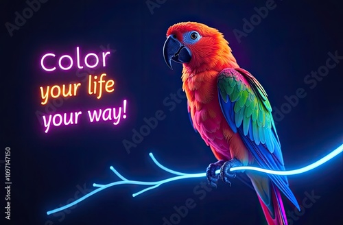 Bright parrot perched on branch under neon light with inspiring text design photo