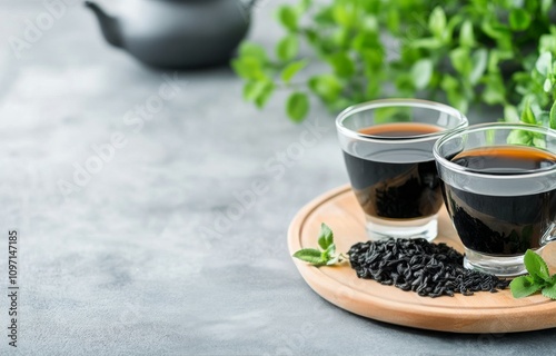 Enjoying fresh brewed black tea with loose leaves and herbs on a wooden tray photo