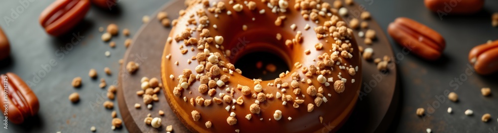 Caramel glazed donut. Nuts and sprinkles topping. Sweet bakery treat. Delicious dessert. Round pastry. Breakfast food. Unhealthy snack. Isolated on dark background. Closeup view Caramel glazed donut. Nuts and sprinkles topping. Sweet bakery treat. Delicious dessert. Round pastry. Breakfast food. Unhealthy snack. Isolated on dark background. Closeup view