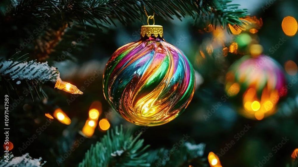 Colorful glass bauble on christmas tree with warm festive lights. Happy New Year. Merry Christmas. Colorful glass bauble on christmas tree with warm festive lights. Happy New Year. Merry Christmas.