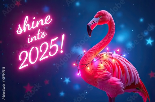 Colorful flamingo adorned with lights invites celebration for the New Year 2025 photo