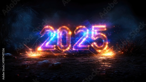 Vibrant neon 2025: illuminated numbers with sparkling effects in a dark setting