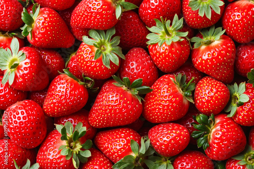 A pile of ripe red strawberries with green leaves