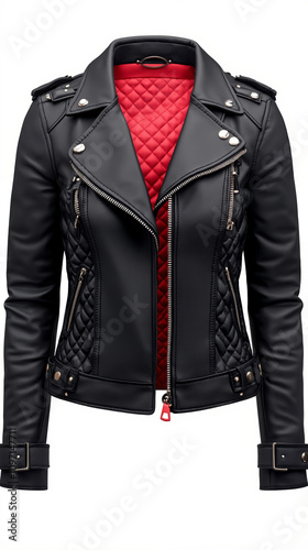 A black leather jacket with a red quilted collar and zippers photo