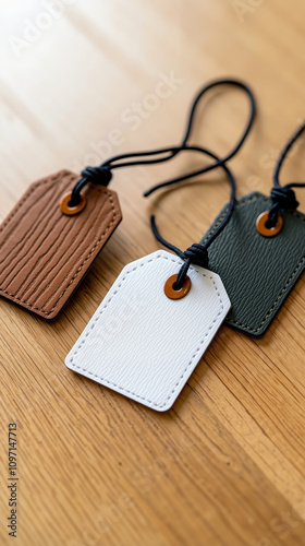 Three leather luggage tags on a wooden table photo