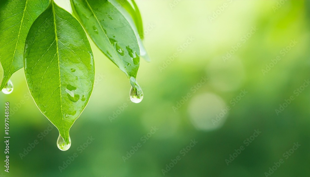 Fototapeta premium 나뭇잎 끝에 물방울이 매달려있는 모습