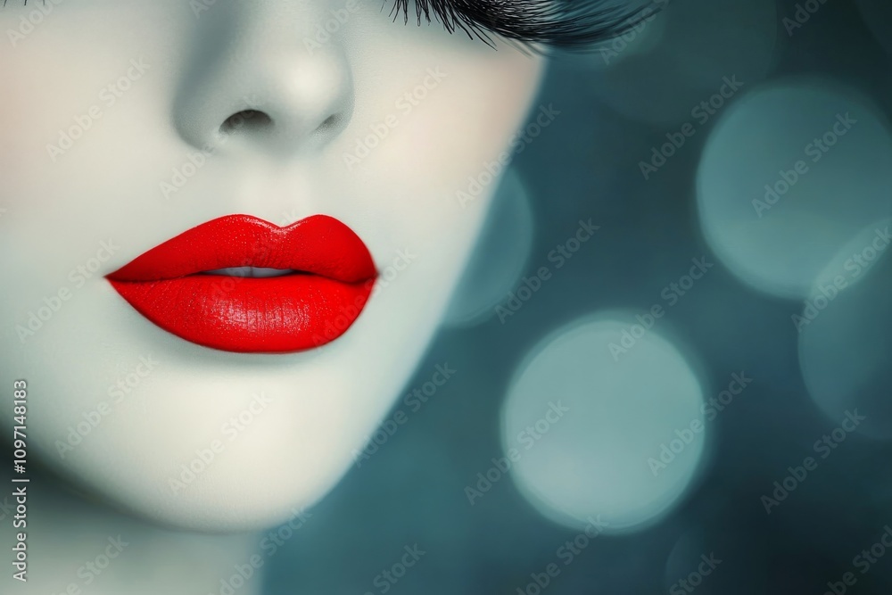 Obraz premium Close up of a mannequins lips with bright red lipstick against a blurred blue background