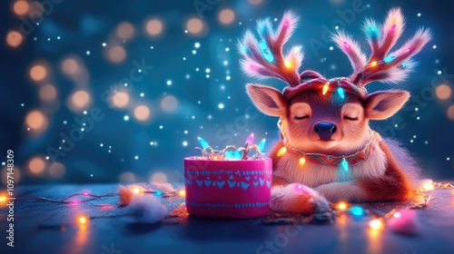 Adorable reindeer calf with colorful holiday lights in a magical winter setting