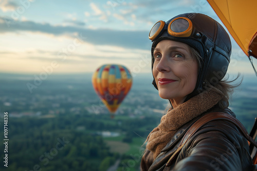 Woman enjoys a peaceful balloon ride over scenic landscape at sunset. Generative AI photo