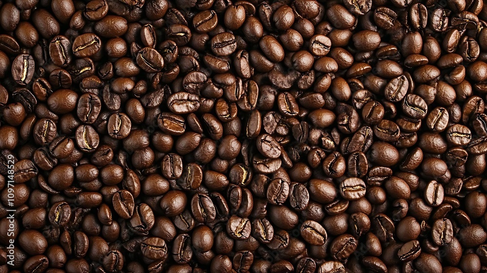 Obraz premium A close-up of roasted coffee beans, showcasing their rich texture and color.