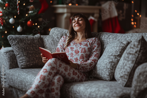 A woman in pajamas reading a book on her sofa with a Christmas tree in the background. Concept of Christmas, relaxation, holidays, and leisure time.
 #1097149731