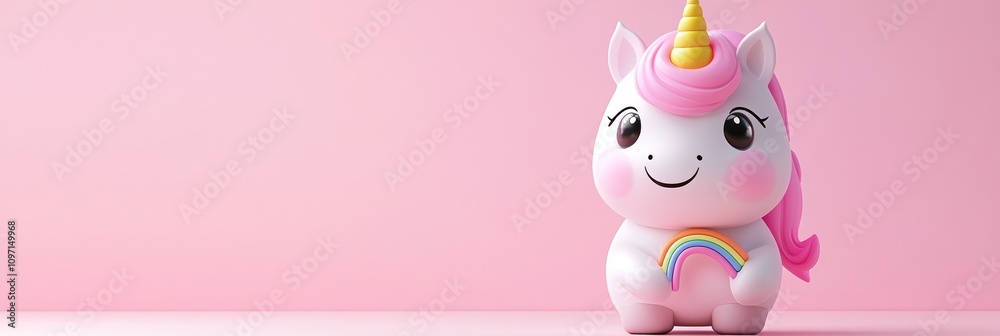 A cute unicorn figurine with a rainbow on its body against a pink background. A cute unicorn figurine with a rainbow on its body against a pink background.