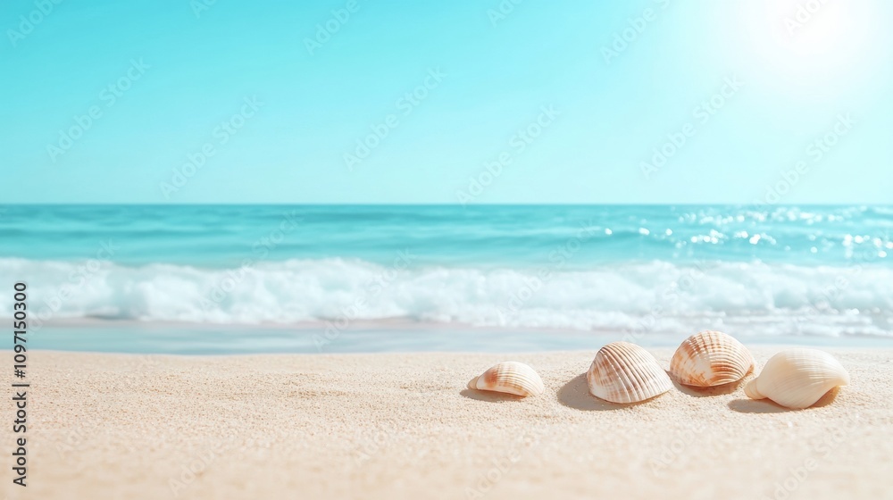 Seashells rest on a sunlit beach with gentle waves in the background, AI Seashells rest on a sunlit beach with gentle waves in the background, AI