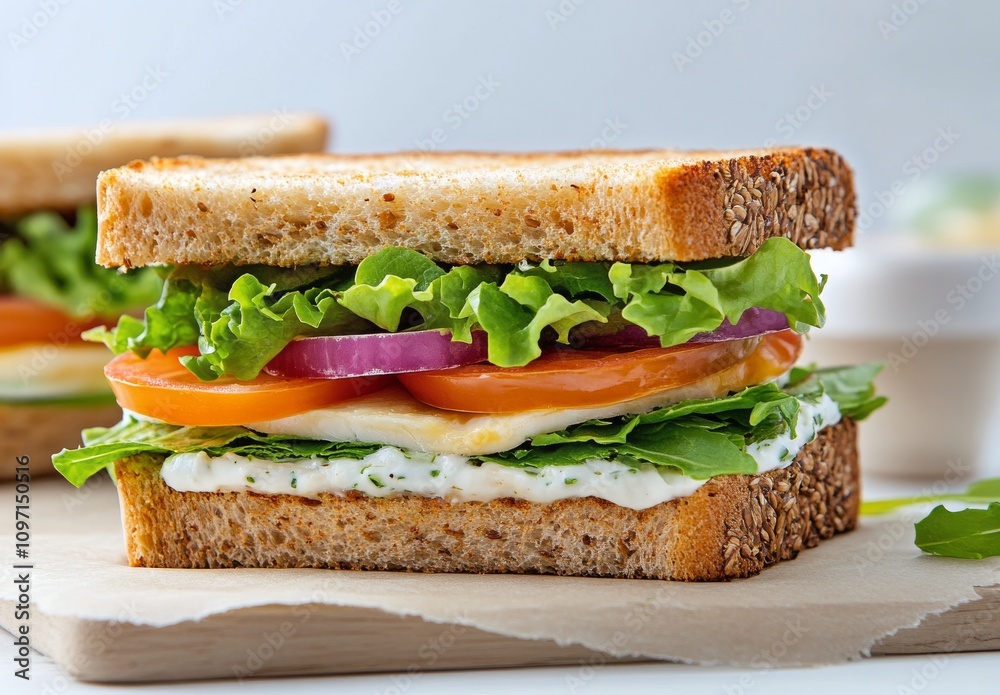 Freshly prepared sandwich with lettuce, tomato, and cheese in a light setting Freshly prepared sandwich with lettuce, tomato, and cheese in a light setting