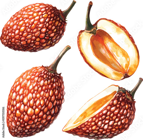 Set of vector tropical fruits,  Salak (Snake Fruit) fruit set on white