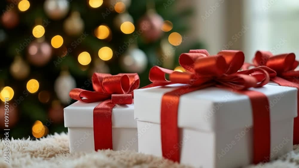 Two neatly wrapped gifts with red ribbons sit on a cozy surface beside a Christmas tree adorned with shimmering lights and ornaments. The atmosphere feels festive and warm Two neatly wrapped gifts with red ribbons sit on a cozy surface beside a Christmas tree adorned with shimmering lights and ornaments. The atmosphere feels festive and warm