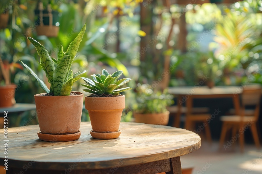 A serene indoor setting featuring potted plants on a wooden table amidst greenery. A serene indoor setting featuring potted plants on a wooden table amidst greenery.