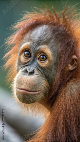 Close-up View of a Young Orangutan Showcasing Curious Eyes and Textured Fur. Generative AI