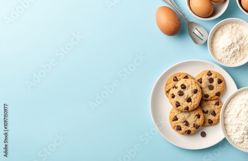 Chocolate chip cookie ingredients arranged on a light blue surface before baking activity photo