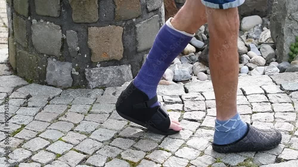 man walks along a rocky path with a broken leg in a purple fibreglass cast, his foot shod in a special walking sandal,concept of an active lifestyle,training immobilized muscles, man walks along a rocky path with a broken leg in a purple fibreglass cast, his foot shod in a special walking sandal,concept of an active lifestyle,training immobilized muscles,
