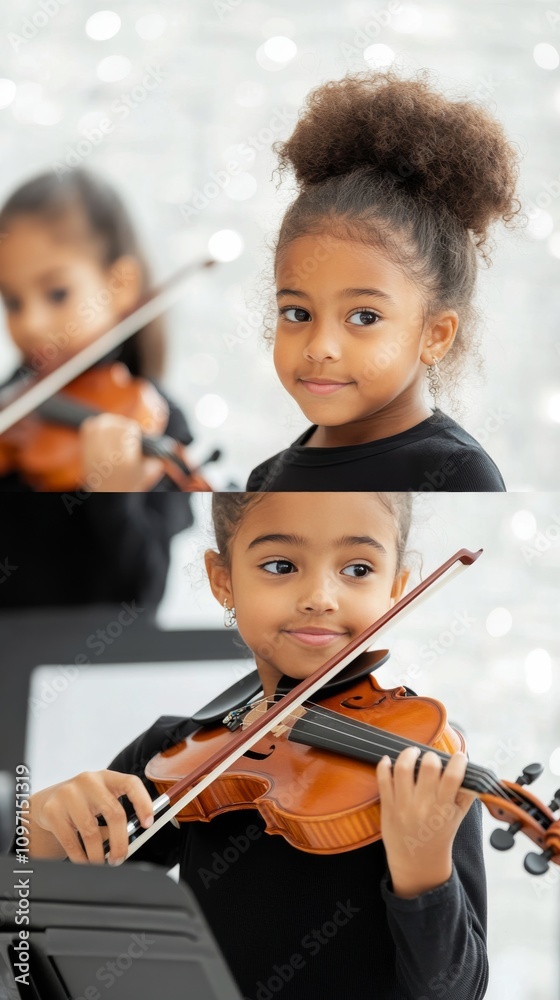 Young violinist performs in school orchestra during music recital in bright venue Young violinist performs in school orchestra during music recital in bright venue