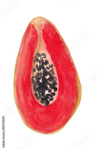 Half of a papaya hand drawn in watercolor