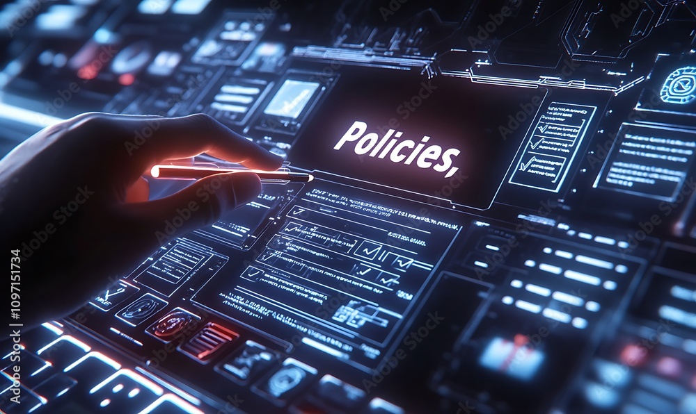 Policy documentation and compliance concept. A person reviews digital document labeled Policy documentation and compliance concept. A person reviews digital document labeled