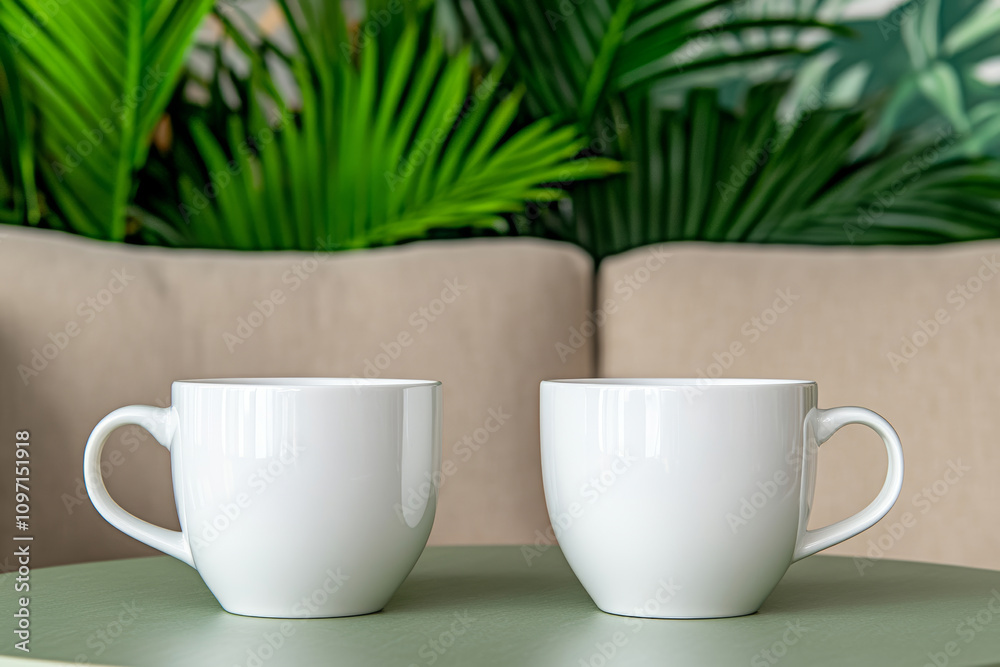 Two elegant white mugs sit on a stylish green table, complemented by lush greenery in the background, creating a fresh and inviting atmosphere. Two elegant white mugs sit on a stylish green table, complemented by lush greenery in the background, creating a fresh and inviting atmosphere.