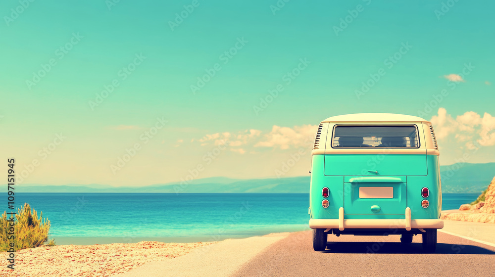 Fototapeta premium A vintage turquoise van parked by a scenic ocean road, with a clear blue sky and distant mountains, evoking a sense of adventure and nostalgia.