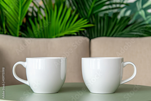 Two elegant white mugs sit on a stylish green table, complemented by lush greenery in the background, creating a fresh and inviting atmosphere.