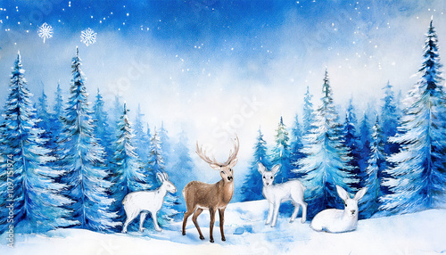 A delicate watercolor scene depicting a snowy forest in soft blue and white tones, featuring graceful deer and rabbits amidst the serene winter landscape.