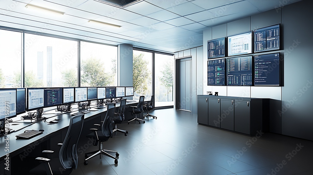 Modern Office with Multiple Monitors and Large Digital Displays : Generative AI Modern Office with Multiple Monitors and Large Digital Displays : Generative AI