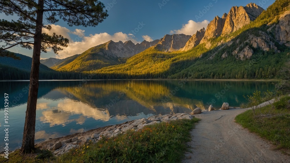 Naklejka premium Lago tranquilo entre montañas verdes y día despejado