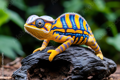 A colorful chameleon sitting on top of a rock photo