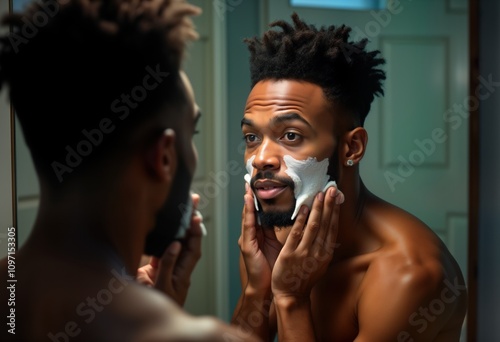 Man applies face mask in bathroom mirror. Dark skinned male model uses skincare product. He looks at his reflection. Personal grooming routine. Black man beauty.