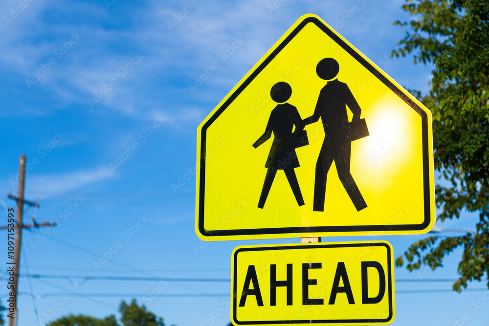 Ahead sign. Road sign with ahead text and copy space. Yellow pedestrian or traffic sign. Ahead caution sign Ahead sign. Road sign with ahead text and copy space. Yellow pedestrian or traffic sign. Ahead caution sign