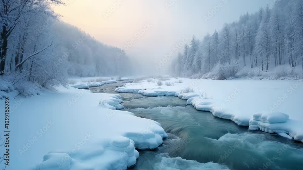 Relaxing winter river flow through snowy landscape in tranquil forest Relaxing winter river flow through snowy landscape in tranquil forest