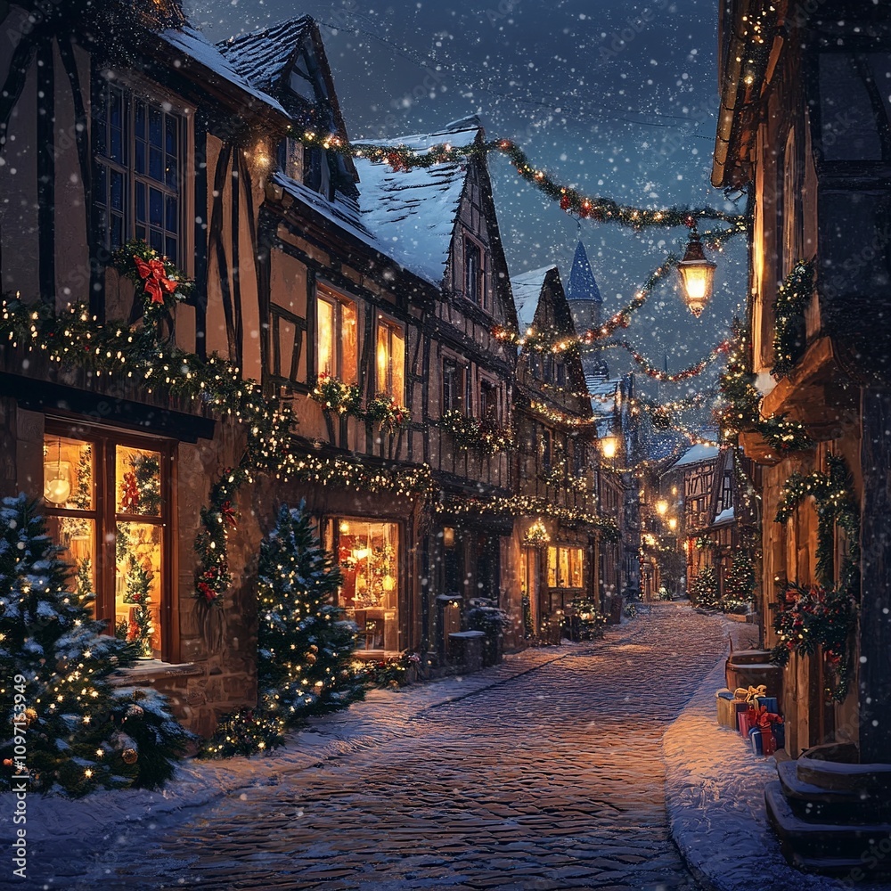 Obraz premium A charming street in an old town during Christmas night