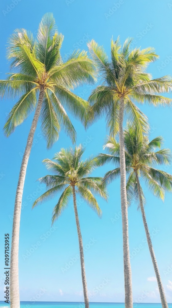 Palm trees sway gently against a bright blue sky on a sunny day in a tropical location Palm trees sway gently against a bright blue sky on a sunny day in a tropical location