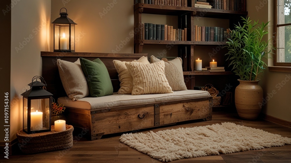 Fototapeta premium Cozy reading nook with wooden daybed, candles, bookshelves, and plants.