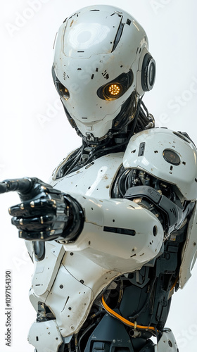 A robot that is pointing at something with his hand