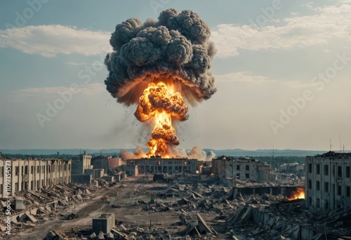 A devastating aerial bomb blast creates a huge mushroom cloud over the urban landscape, leaving destruction and chaos in its wake