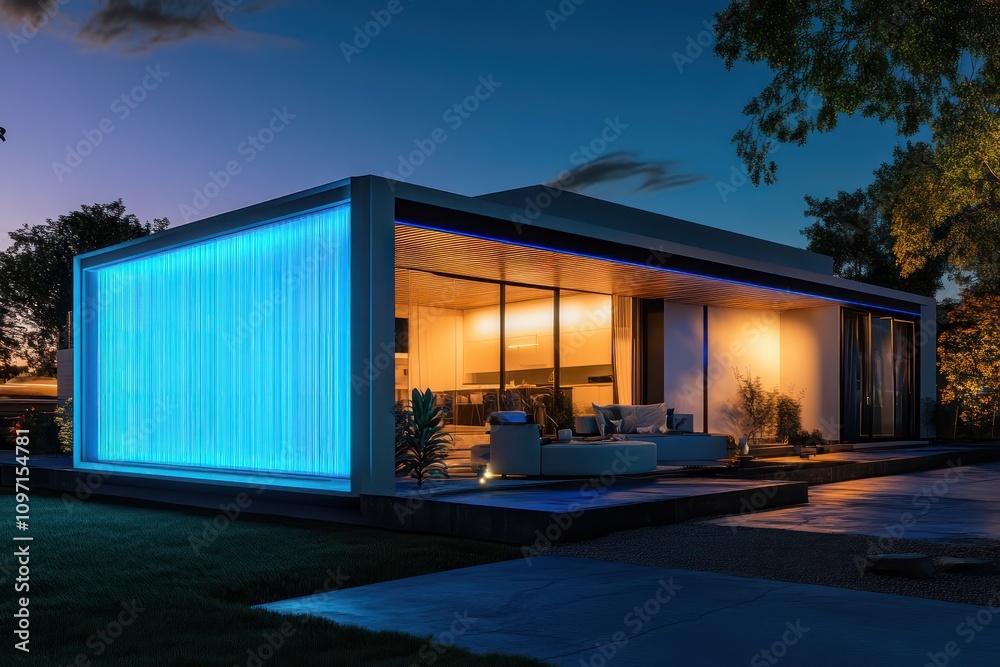 Sleek modern home elevation with a blue LED facade and high-tech features, night setting. Sleek modern home elevation with a blue LED facade and high-tech features, night setting.